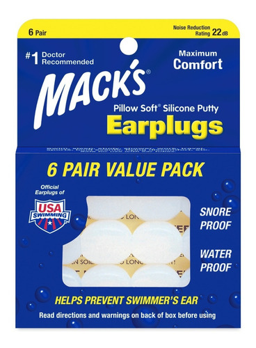 Protector de oídos Macks Earplug de silicona suave, 6 pares