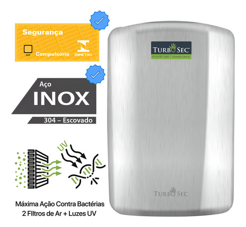 Secador De Mãos Turbosec de Alta Velocidade Aço Inox
