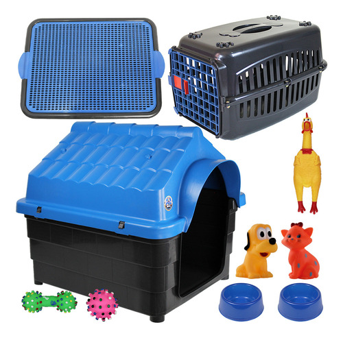 Kit Casinha Para Cães Caixa De Transporte Cachorro Sanitario Cor Azul