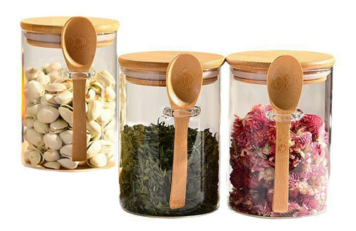 Potes De Vidro 550ml Com Tampa Bambu E Colher - 3 Unidades