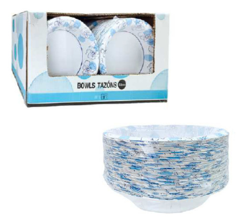 Platos Hondos Descartables Cartón Flores Azules 473ml (50u)