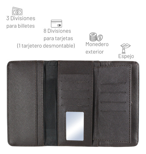 Cartera Mujer Piel Larga Tarjetero Grabado Láser Chocolate