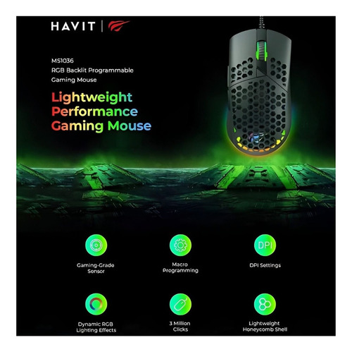 Mouse Gamer Havit Ms1036 Rgb Programable 7200 Dpi Negro