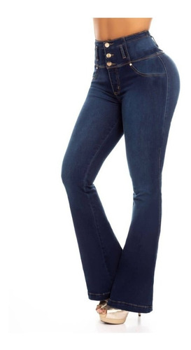 Jeans Levanta Cola Semi Oxford Modelador Cintura Faja  Azul 