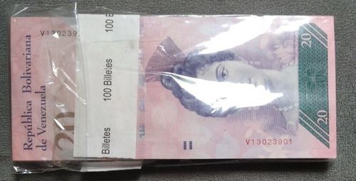 Fajo De Billetes De 20 Bolívares Fuertes, Unc Y Consecutivo 