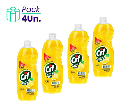 Detergente Cif Active Gel Concentrado Limón 500ml Pack X4