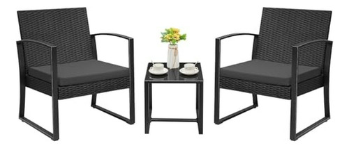 Set Muebles Exterior 3 Piezas Con Mesa De Vidrio, Negro