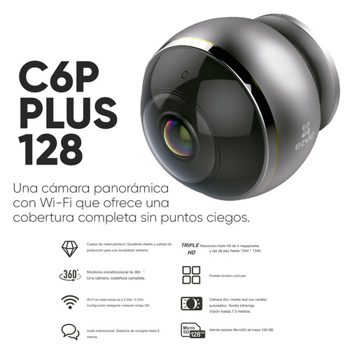 Ezviz Cámara C6P-PLUS-128 IP C6p de 3 Mp Ezviz Metálica con Almacenamiento 128 Gb Micro SD Wireless Inalámbrica Vista Panorámica de 360° Pantalla Cuádruple C6P y Audio Bidireccional