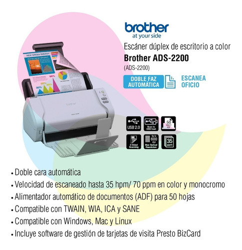 Imagen 2 de 7 de Escaner Brother Ads2200 Alta Vel Duplex 70ipm 50 Hojas Cuot
