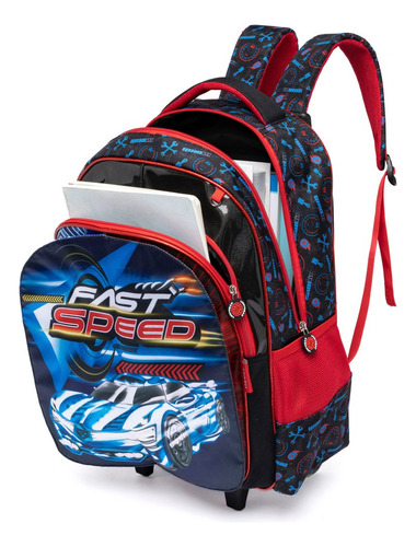 Mochila Rodinha Com Estojo E Lancheira Infantil Escolar Cor Preto Desenho Do Tecido Carros
