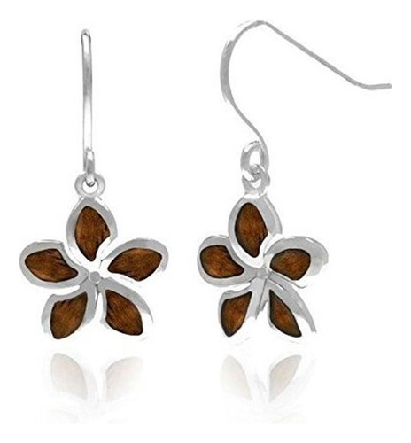 Sterling Silver Koa Wood Star Plumeria Dangle-hook Earring