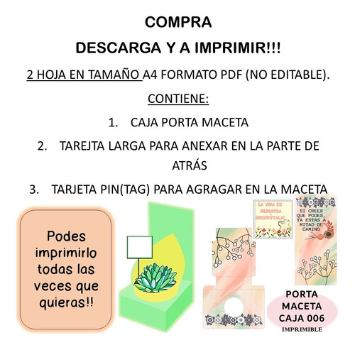 Imagen 2 de 3 de Imprimible Caja Porta Maceta 006 Frase Positiva + Tarjetatag