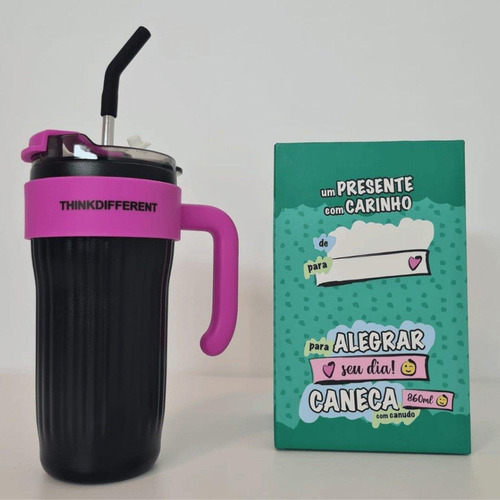 Caneca Copo Térmico Aço Inox Colorida Tampa E Canudo 860ml