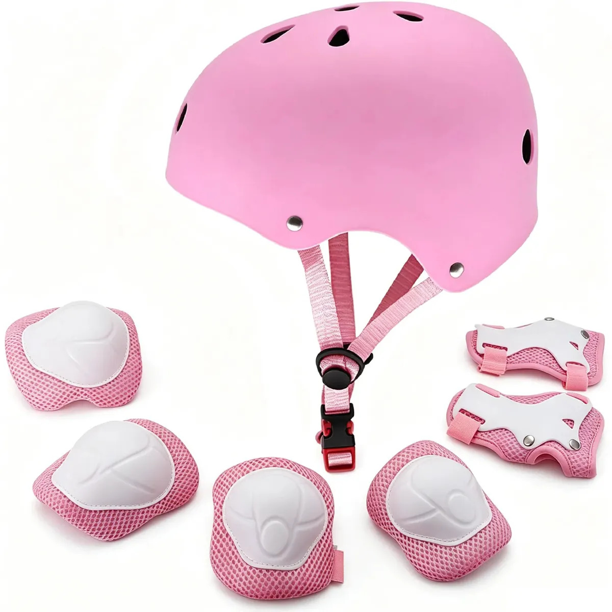 Set de Protección Chotune Para Ciclismo y Patinaje de Niños, Con Casco y Rodilleras, Rosa (51-55 cm)
