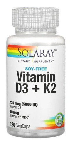 Vitamina D3 5.000ui + K2 Mk-7  50mcg - 120 Caps. Solaray