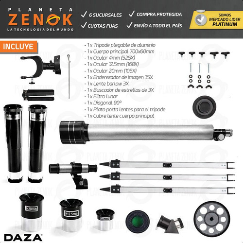 Imagen 5 de 8 de Telescopio Refractor Daza Aluminio Lentes Terrestre Y Lunar