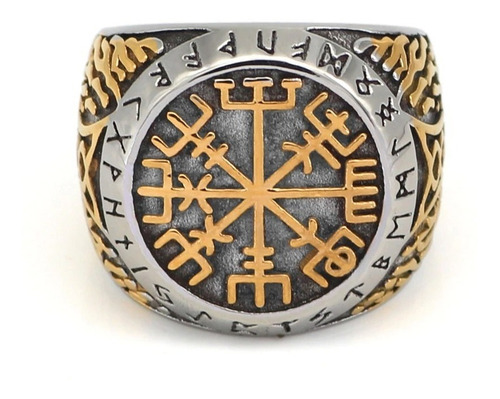 Anillo Acero Color Oro Vegvisir Yggdrasi Vikingo Para Hombre