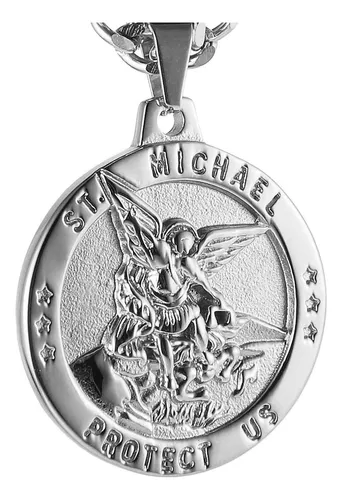 comprar Collar Medalla San Miguel Arcangel Dije Color Plata Cadena Acero Inoxidable Plateado Protección Colgante Religioso Alta Resistencia Y Durabilidad Para Hombre
