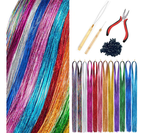 Mechones De Cabello En 12 Colores Metlicos De 46 Pulgadas, C