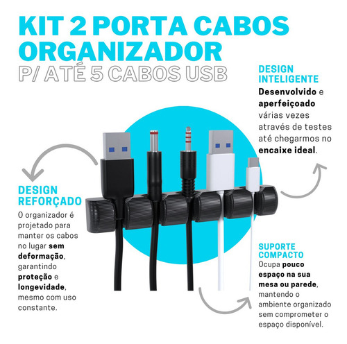 2 Organizador Para 5 Fios Cabos Usb Adesivo Fita Dupla Face Cor Branco