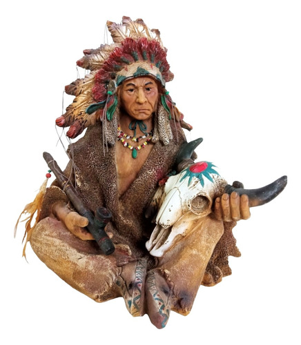 Índio Americano Cacique Sentado Com Cabeça De Touro 38cm