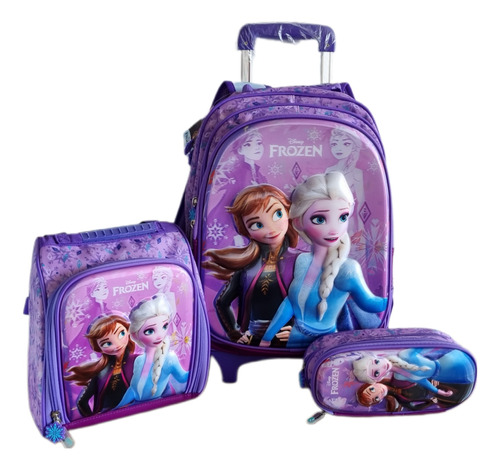 Set Mochila Frozen Con Luces En Ruedas Lonchera Cartuchera