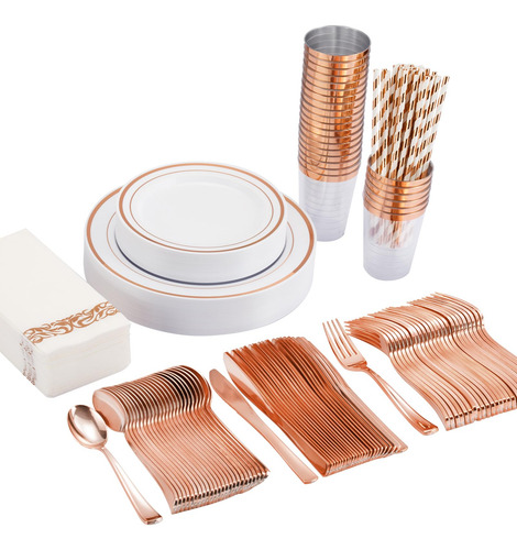 Juego De Vajilla Desechable Isfangco Rose Gold 200 Piezas