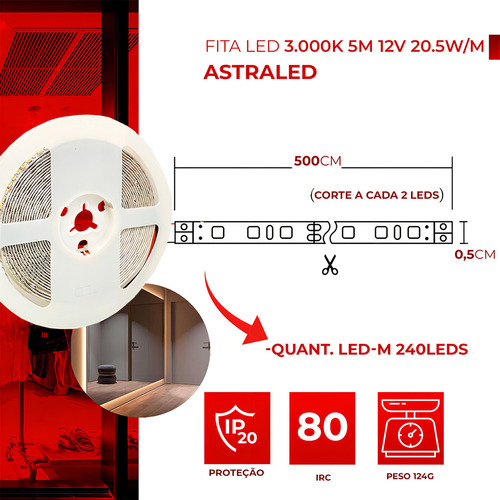 Tira LED de 5 m, 3000 K, 20,5 W/m, 2280 lm/m, 12 V, Ip20, color de luz cálida