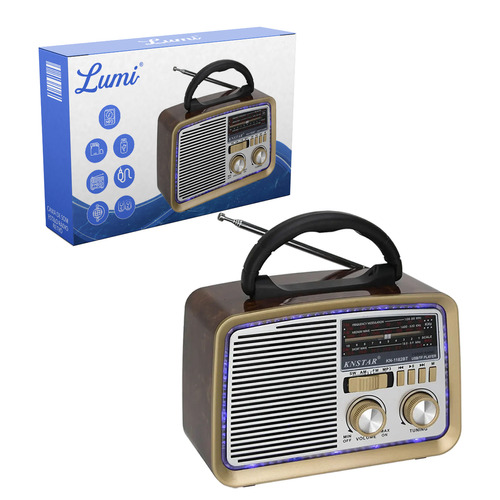 Rádio Retrô Vintage Am Fm Sw Bluetooth Recarregável Mp3 Aux Sd Usb Lumi