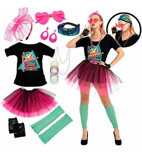 Conjunto De Disfraz De 80s Con Camiseta Tutu Headband O...