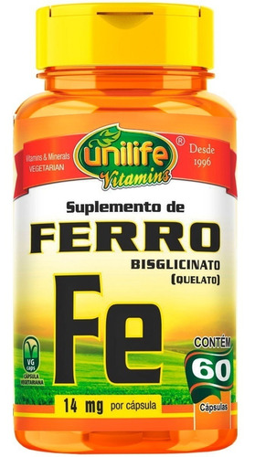 Suplemento en cápsulas de hierro quelatado Unilife, 14 mg de Fe, 60 minerales y vitaminas para la salud, en botella 1