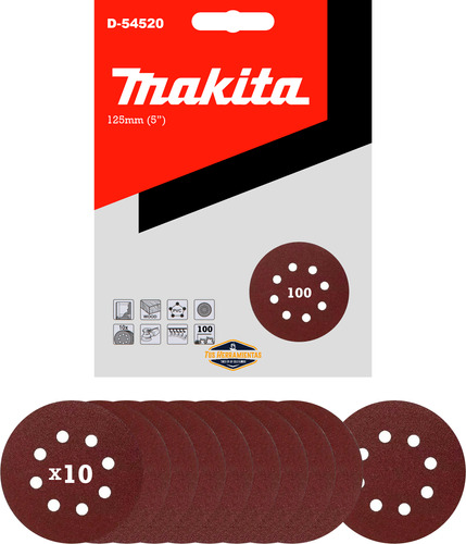 10 Discos Lija Con Velcro 125mm (5) Grano 100 Makita D-54520