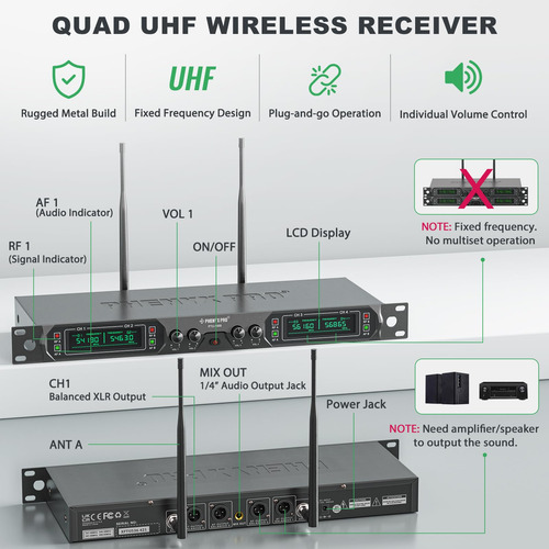 Sistema De Micrófono Inalámbrico Uhf De 4 Canales Ptu-5000 Negro