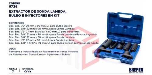 Imagen 4 de 5 de Kit Extractor Sonda Lambda Bulbo Inyectores Bremen 7pz Cod. 6726 Dgm