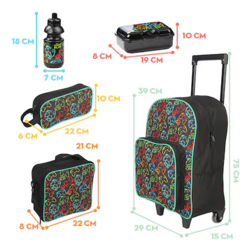 ZOMILUX - Mochila Niño - Mochila Con Ruedas - SET Maleta Lonchera Tupper Lapicera y Botella - Mochila Ruedas - Maleta Escolar Niño - Diseño Gamer
