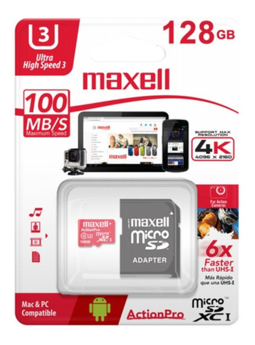 Maxell Tarjeta Memoria Micro Sd Xc 128gb Clase 10 U3 K4 Hd