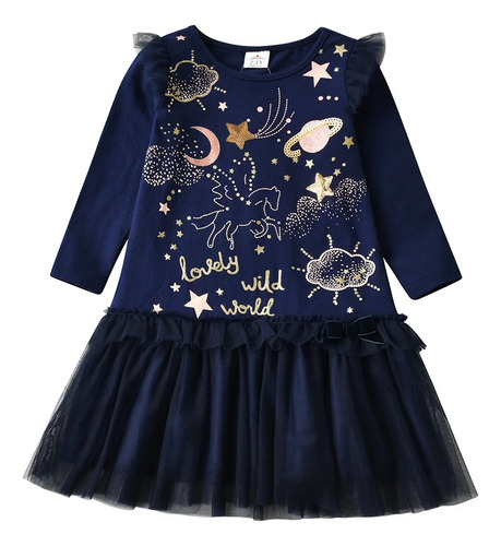 Vestido Infantil Menina Brilhos, Estrelas, Manga Longa Chic 