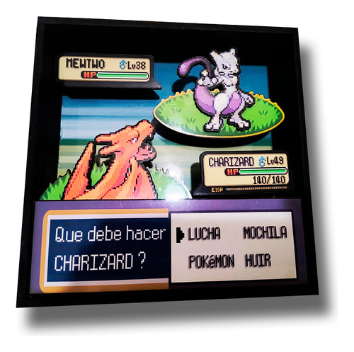 Cuadro Diorama 3d - Pokemon Charizard Vs Mewtwo + Regalo! Pixelart Mendoza