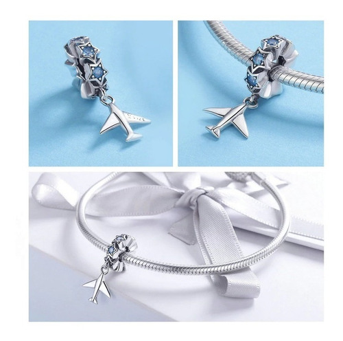Charm - Colgante Diseño Avion Plata S925 Con Circones Azules