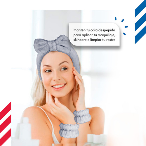 Diler Kit 5 Piezas Diadema Y Muñequeras Para Skincare Maquillaje Mascarilla Spa De Microfibra Con Moño Color Gris