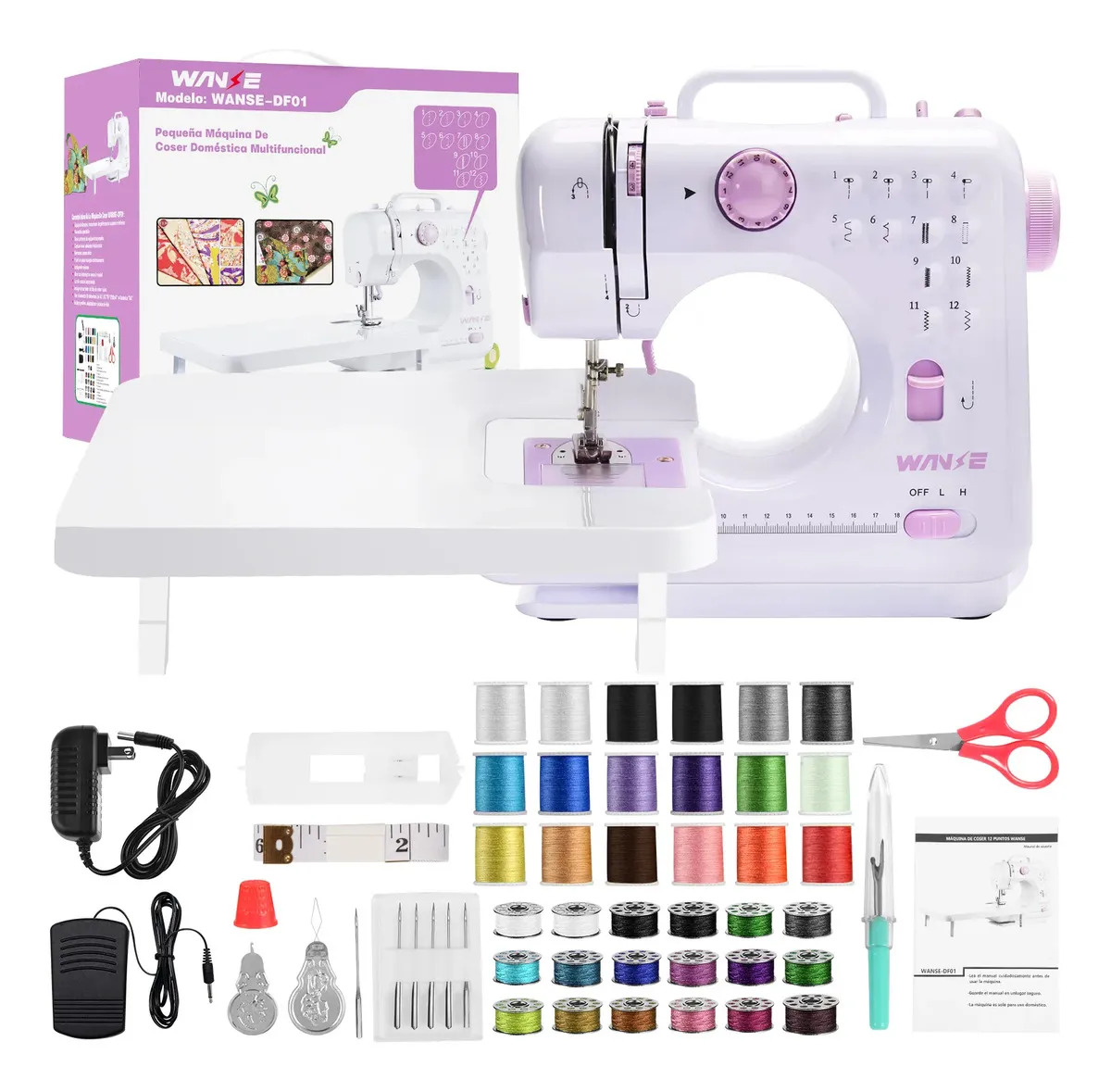 Imagen de Máquina De Coser Eléctrica Portátil Mini Doméstica Multifuncional De 12 Agujas Kit Costura Y Pedal Luz Led Con Mesa De Expansión Wanse
