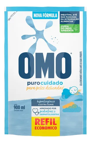 Sabão Líquido Omo Puro Cuidado Extra Suave Sachê Refil 900ml