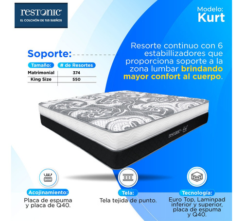 Imagen 3 de 6 de Colchón Restonic Matrimonial Kurt Ortopédico 35 Cm Altura