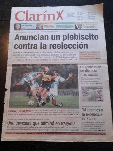 Tapa Diario Clarín 14 3 1999 Boca Record Schelotto Reelecció