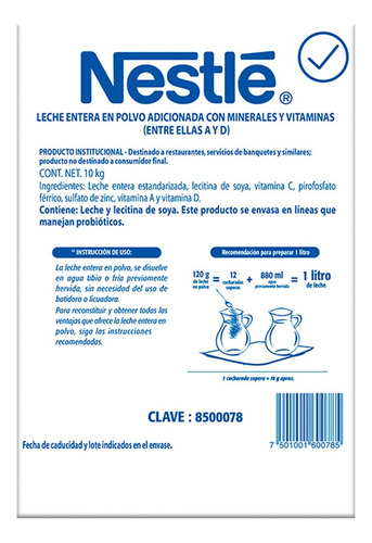 Leche Nestlé En Polvo Con Vitaminas Y Minerales De 10 Kg