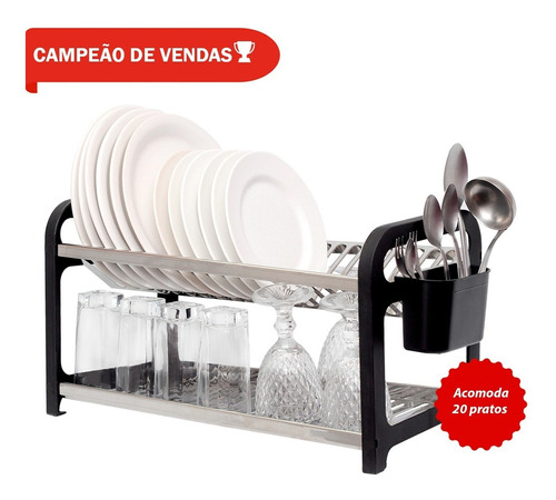 Escorredor 20 Pratos Inox Preto Com Porta Talheres