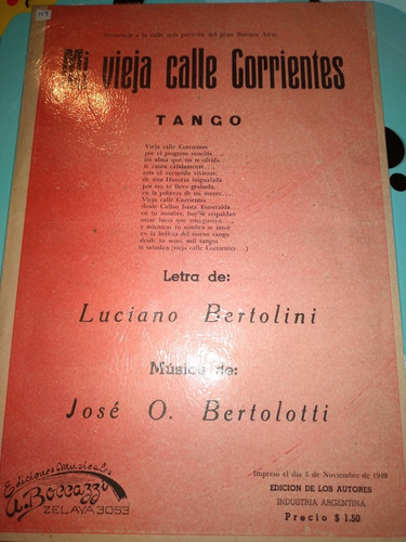 Partitura Tango Mi Vieja Calle Corrientes Luciano Bertolini (Usado)
