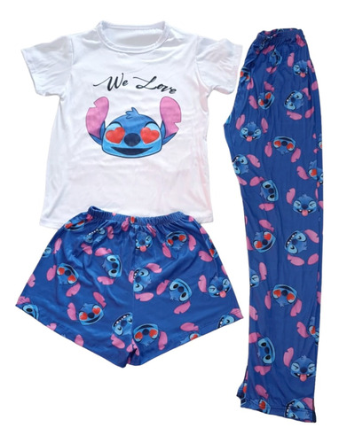 Pijama Stitch Ojos Cora 3 Pz Blusa M Corta Short Pantalón El