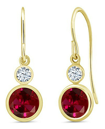 2.22 Ct Round Red Created Ruby 14k Yellow Gold Dangle Earrin