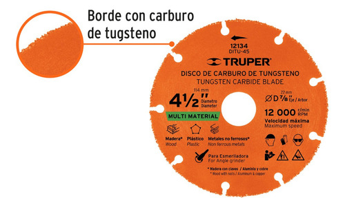 Disco Carburo De Tungsteno 41/2 Multimaterial Truper Ditu-45